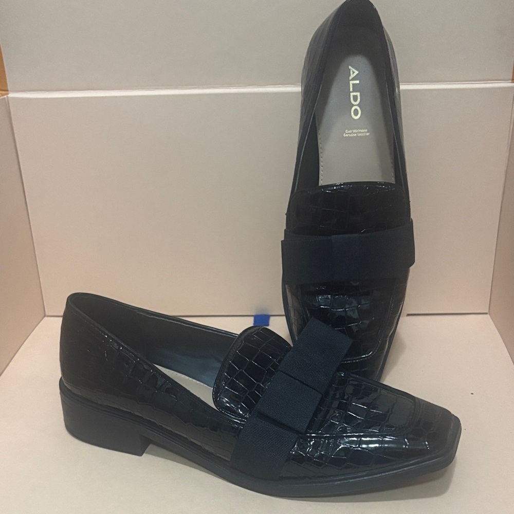 ALDO Glossy Black Croc-Pattern Loafers